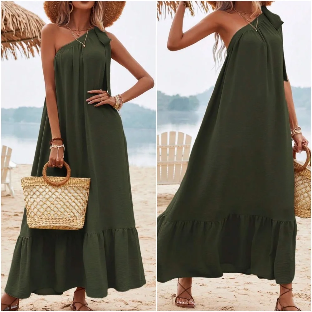Solid One Shoulder Tie Ruffle Hem Maxi Dress - Picture 3 of 6